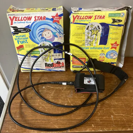 Pair of Vintage Redback Junior Rocket Yellow Star Surfmats & 95cm Redback 8' SurfboardLeg Rope(Sold With -030)